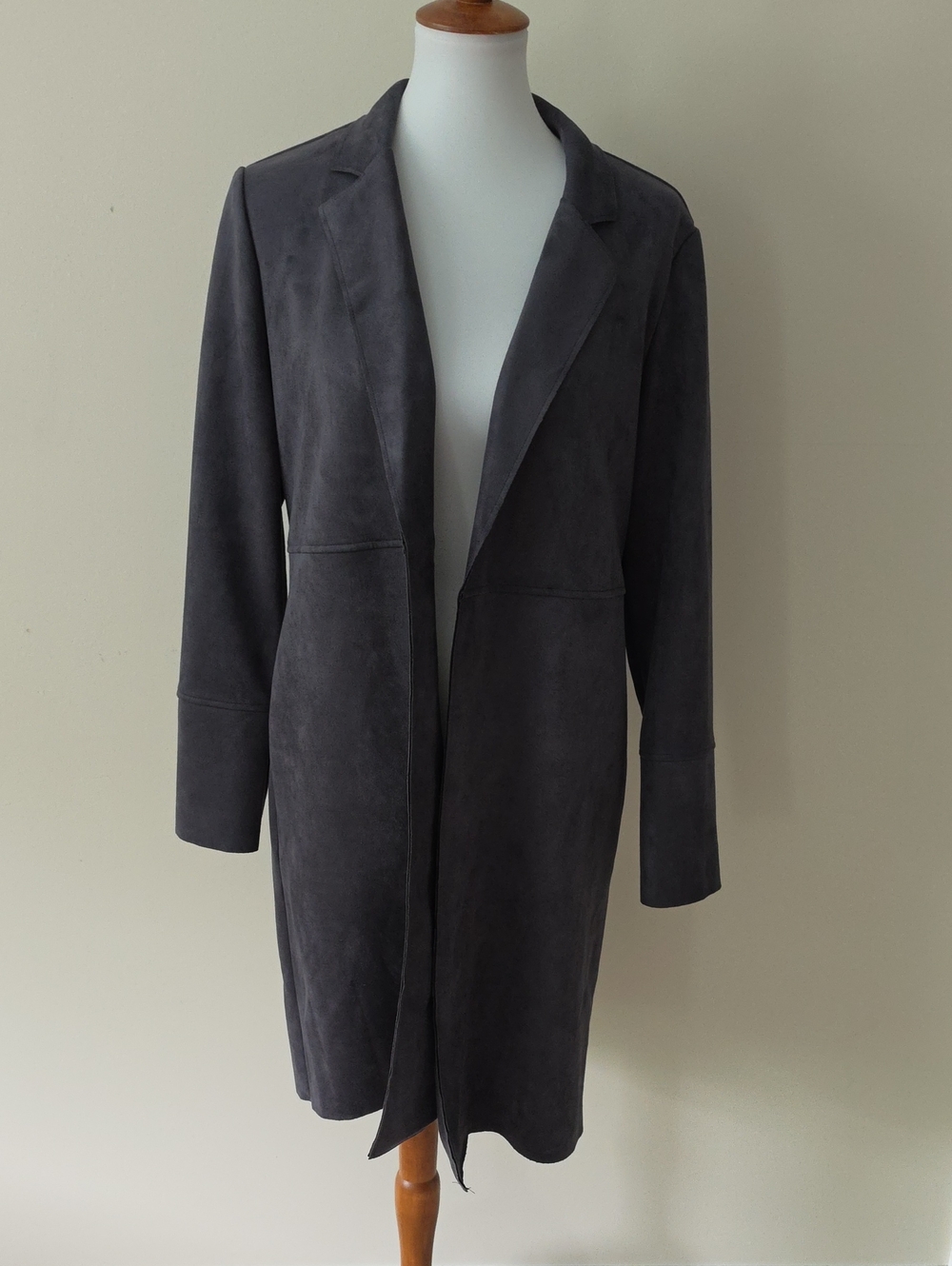 Premise Long Open Front Suede-Look Duster Coat - Charcoal Dark Gray Brand New